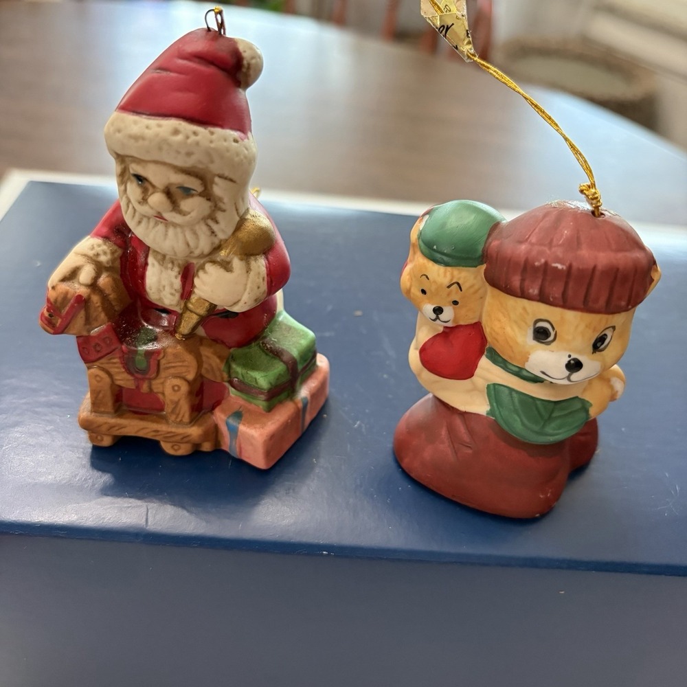 Vintage Caring Critter Chimer Bear And Santa Christmas Ornaments Lot Of 2 Cerami